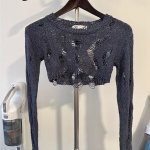 Zara Navy Distressed Knit Crop Sweater